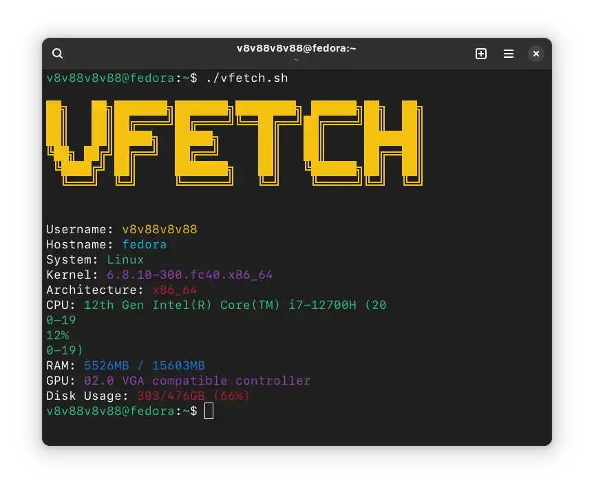 terminal windows running vfetch